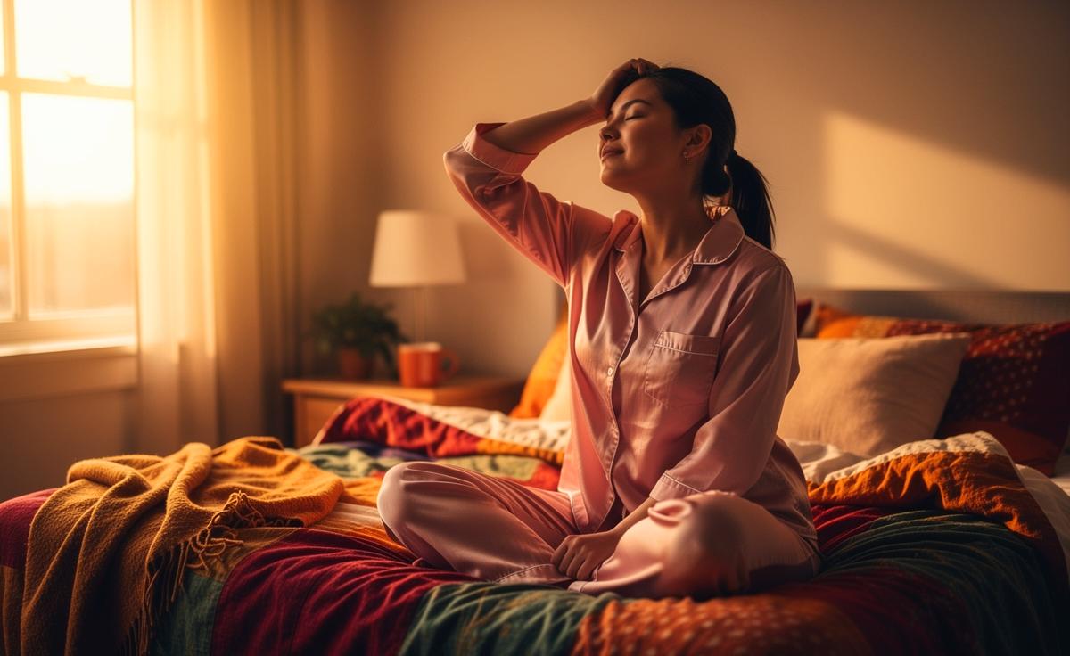 Illustration von einer Person, die morgens im Schlafzimmer drei einfache Dehnübungen für einen lockeren Nacken ausführt.