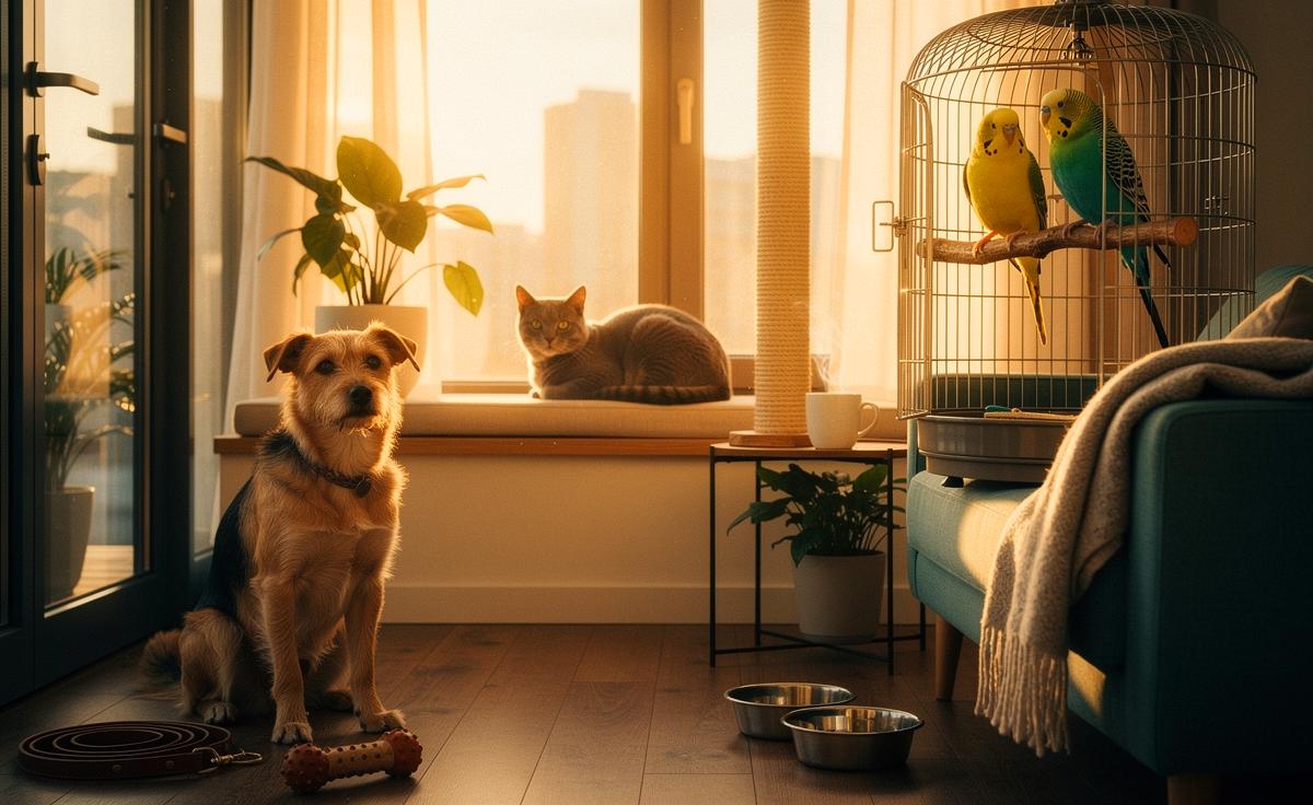 Illustration von Hund, Katze und Wellensittich, die den Alltag bereichern und das Herz im Sturm erobern