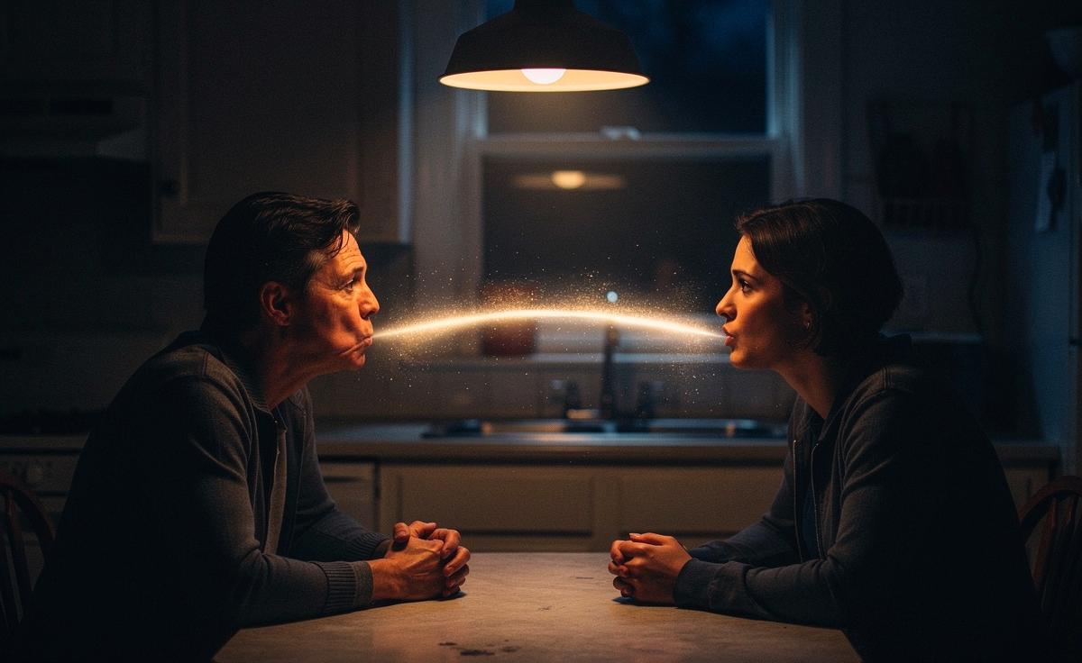 Illustration von zwei Personen, die eine angespannte Unterhaltung führen, während ein kurzer, deeskalierender Satz als sichtbare Brücke zwischen ihnen schwebt.