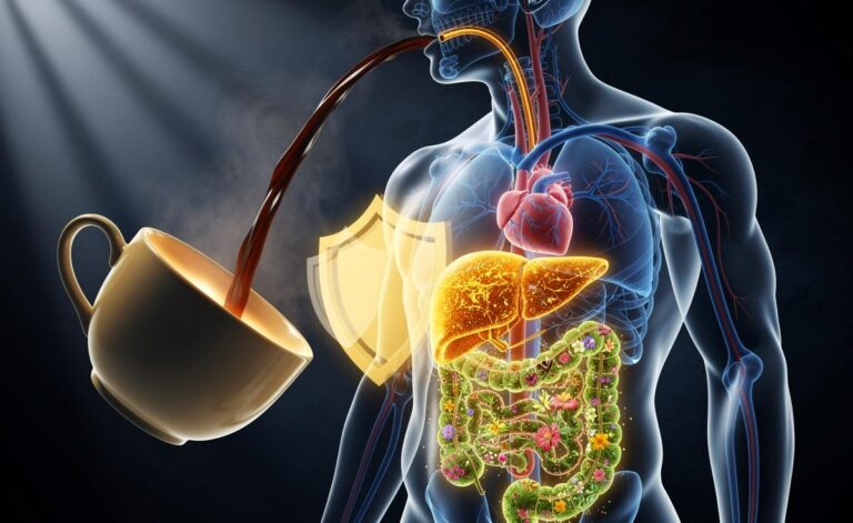 Illustration von drei überraschenden Wirkungswegen einer Tasse Kaffee auf den menschlichen Körper: Schutz der Leber, Regulation des Blutdrucks und Einfluss auf die Darmgesundheit.