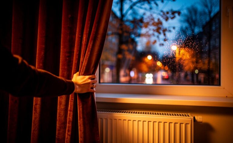 Illustration von [Vorhängen, die im Herbst ab 19 Uhr vor einem Fenster geschlossen werden, um Wärmeverluste zu reduzieren und Heizkosten zu senken]