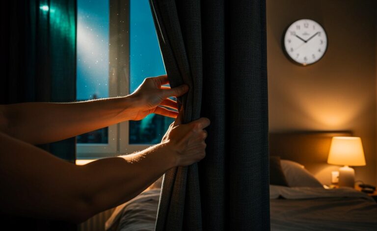 Illustration von einer Person, die um 19:20 Uhr im Schlafzimmer die Vorhänge zuzieht, um abendliche Lichtexposition zu reduzieren und den circadianen Rhythmus für besseren Schlaf zu stabilisieren.
