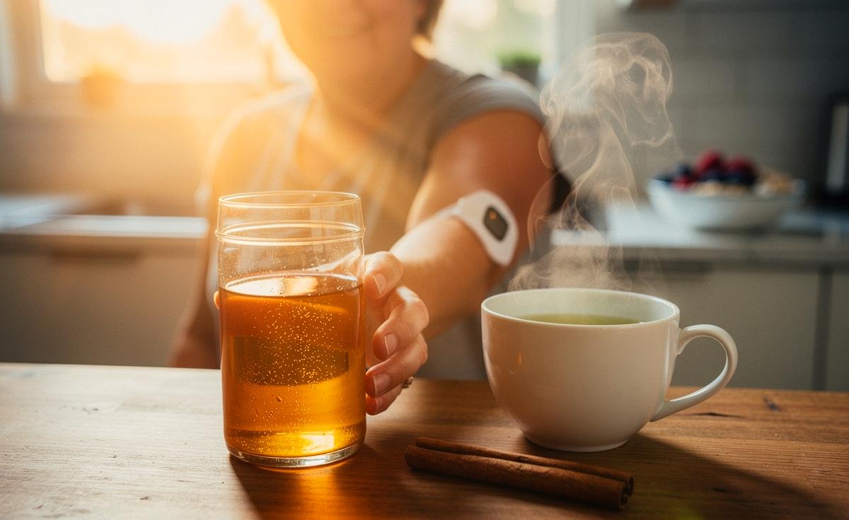 Illustration von einem einfachen morgendlichen Getränk – Apfelessig, Grüner Tee oder Zimttee – zur Stabilisierung der Blutzuckerwerte bei Menschen ab 55 Jahren
