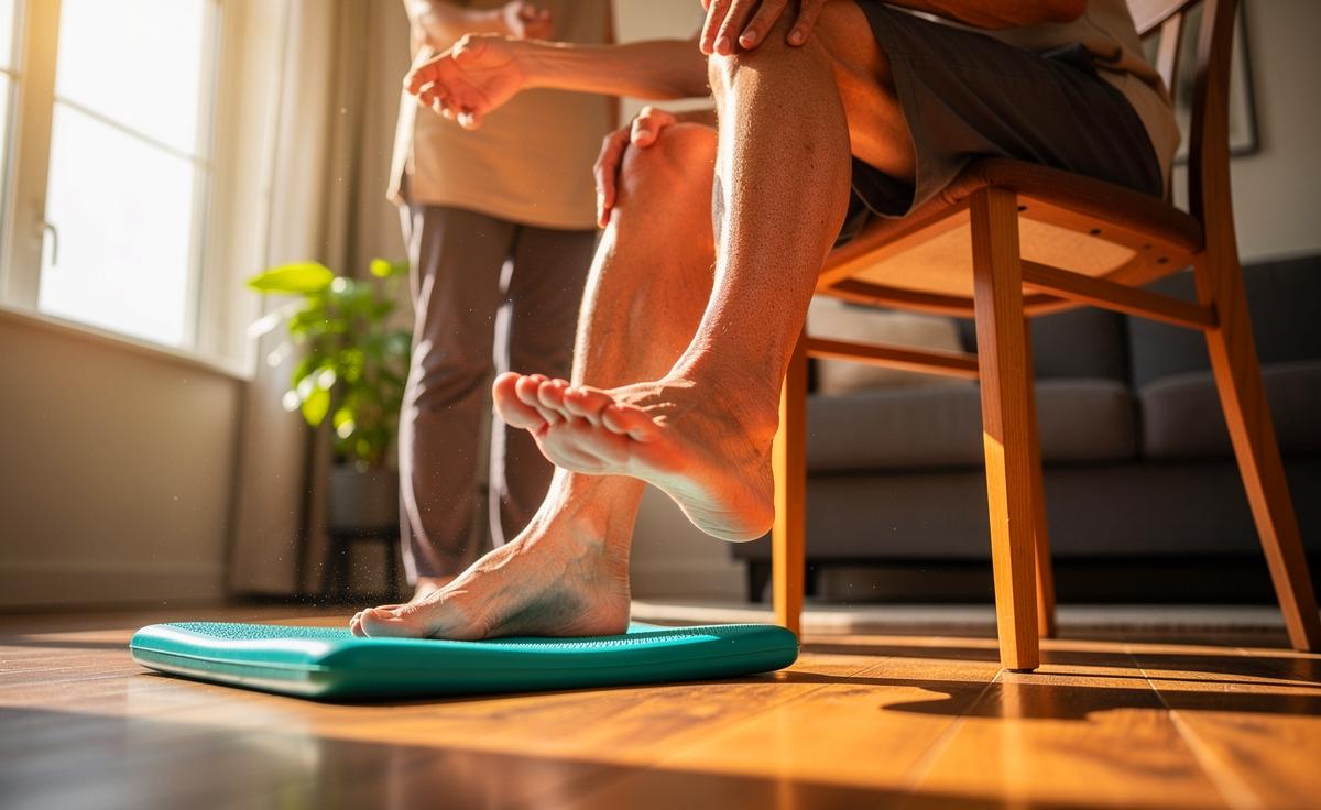 Illustration von älterer Person bei einfacher Fußgymnastik zur Stabilisierung der Knöchel, physiotherapeutisch angeleitet