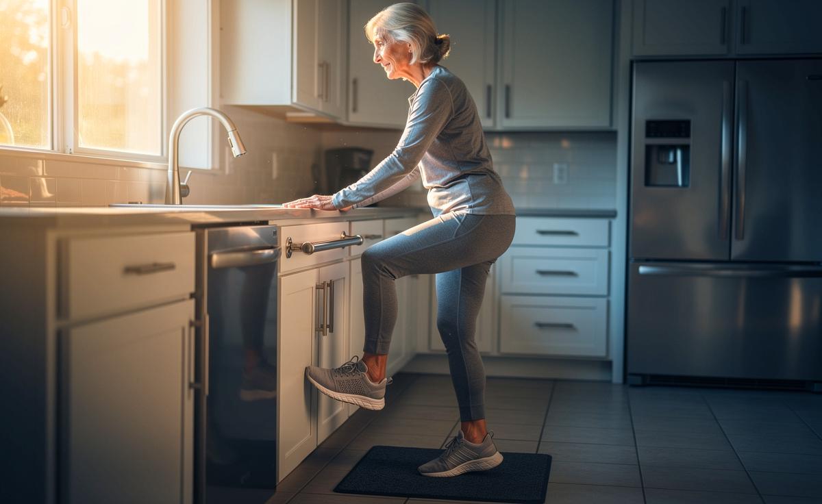 Illustration von einer älteren Person beim sicheren Einbeinstand an der Küchenarbeitsplatte zur Sturzprävention