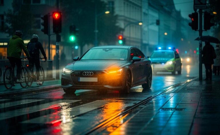 Illustration von einem Auto, das an einer Kreuzung den Blinker setzt – neue StVO-Pflicht in Deutschland