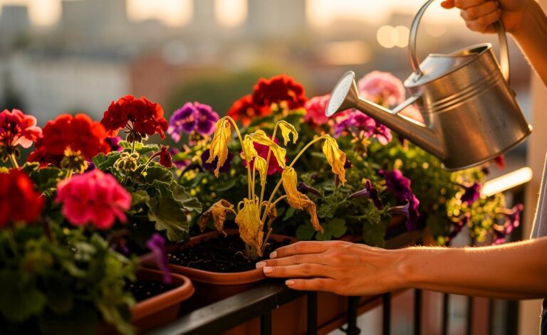 Illustration von drei häufigen Pflegefehlern an einem üppigen Balkon mit Blumenkästen: falsche Gießkanne, welkende Pflanze in praller Sonne und ausgelaugte Erde.