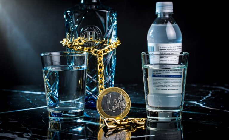 Illustration von zwei identischen Gläsern mit klarem Wasser, wobei eines vor einer teuren Markenflasche und das andere vor einer schlichten Discounter-Flasche steht, verbunden mit einem Euro-Zeichen und einem durchgestrichenen Gleichheitszeichen.