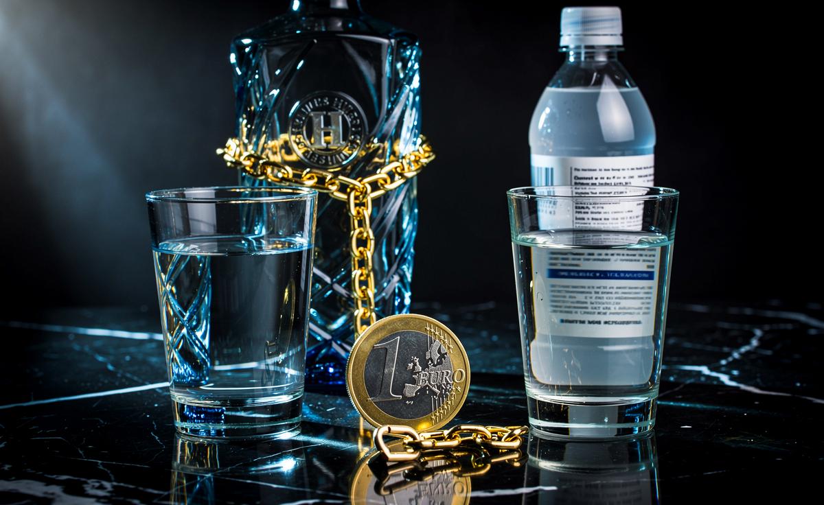 Illustration von zwei identischen Gläsern mit klarem Wasser, wobei eines vor einer teuren Markenflasche und das andere vor einer schlichten Discounter-Flasche steht, verbunden mit einem Euro-Zeichen und einem durchgestrichenen Gleichheitszeichen.