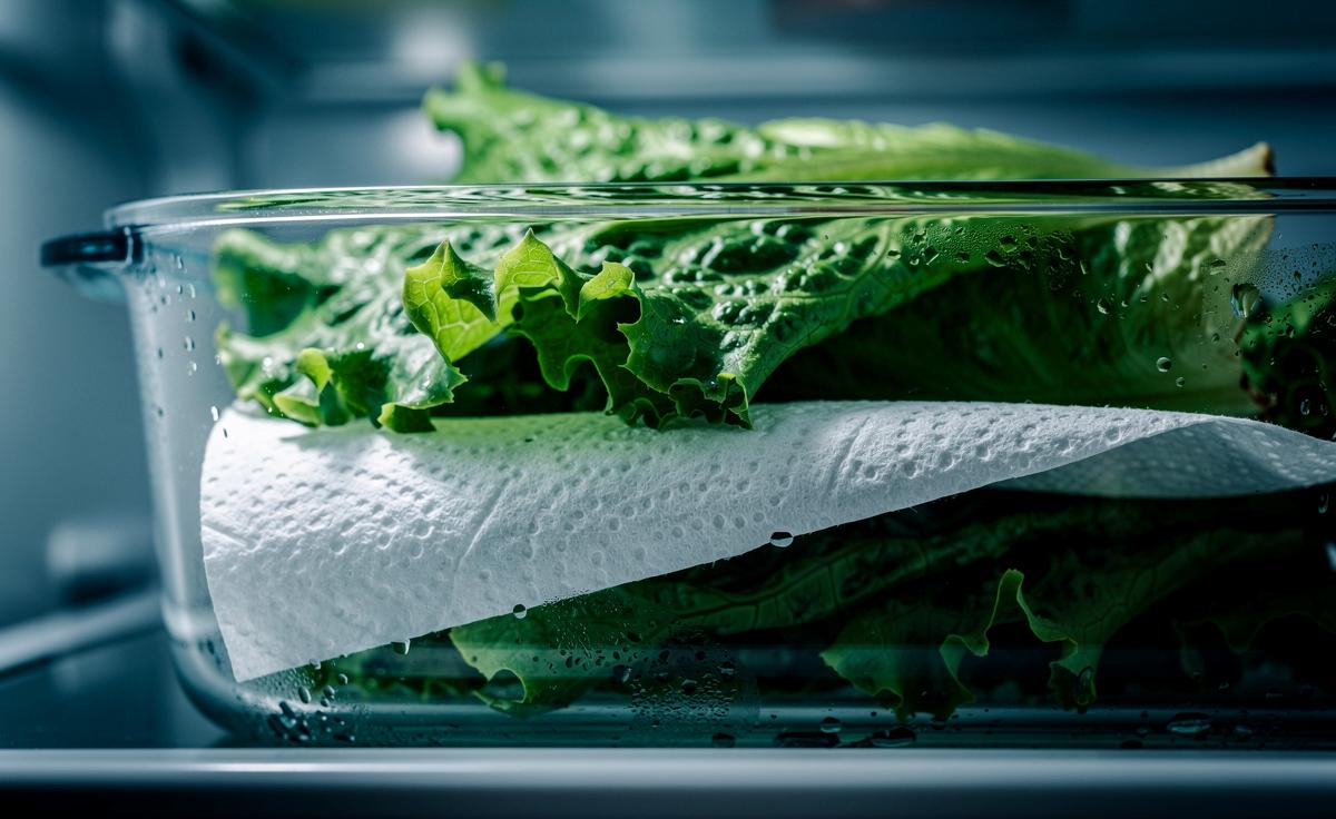 Illustration von frischen, knackigen Salatblättern in einem durchsichtigen Behälter mit eingelegtem Küchenpapier, das Feuchtigkeit aufnimmt.