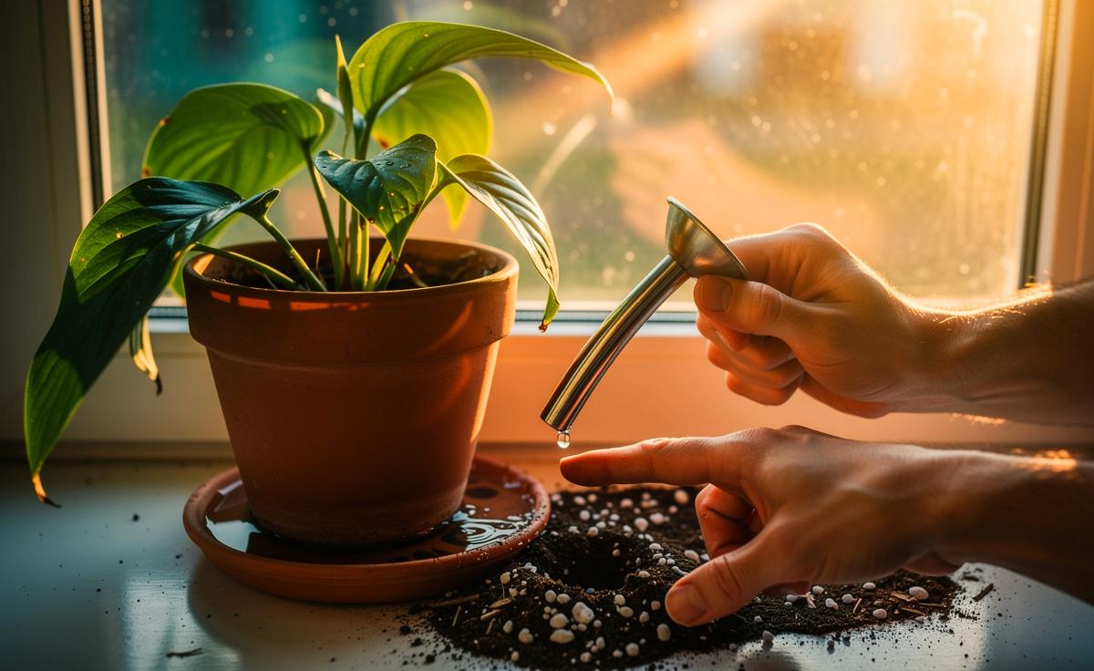 Illustration von Überwässerung einer Topfpflanze und der überraschenden Lösung seltener, aber tiefer Wassergaben