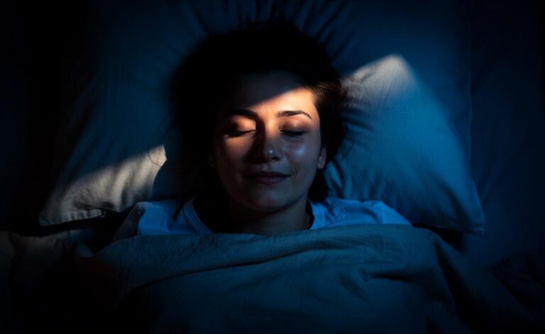Illustration von einer Person, die entspannt im Bett liegt und mit einer einfachen Atem- und Entspannungstechnik innerhalb von Minuten einschläft.