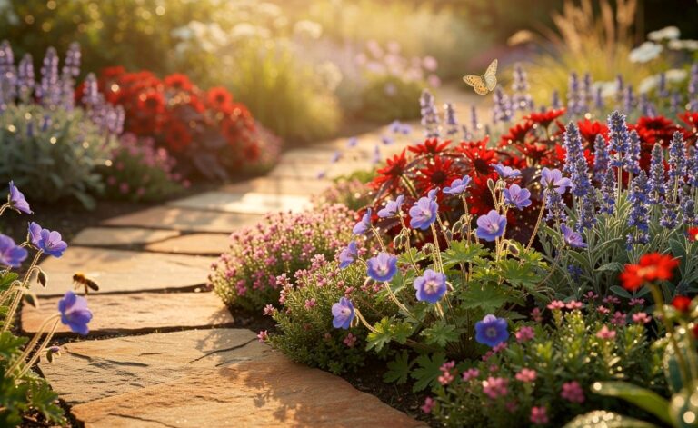 Illustration von sommerblühenden Bodendeckern wie Geranium ‘Rozanne’, Nepeta × faassenii, Thymus serpyllum und Sedum spurium, die einen dichten Blütenteppich bilden und den Garten dauerhaft unkrautfrei halten