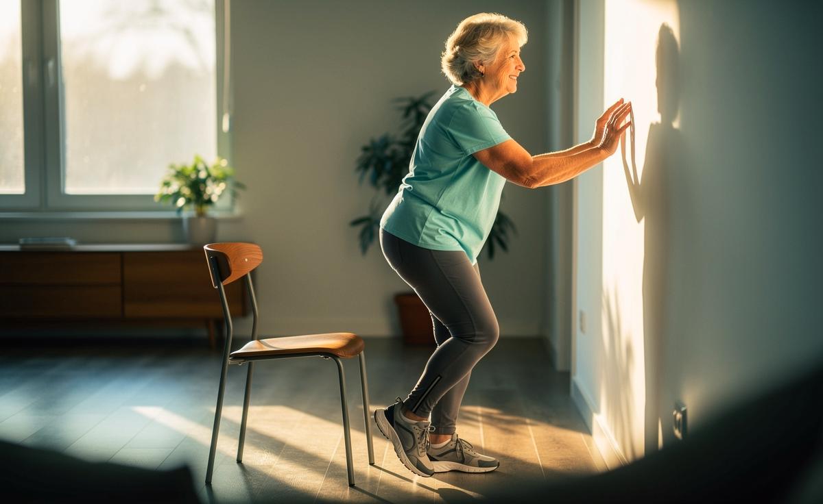 Illustration von einer älteren Person, die an einer freien Wand eine einfache Gleichgewichtsübung mit rutschfesten Schuhen und einem Stuhl als Absicherung zur Sturzprävention ausführt