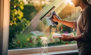 Illustration von streifenfreiem Fensterputzen mit Wasser, Mikrofasertuch, Poliertuch und Abzieher ohne Essig oder Chemie