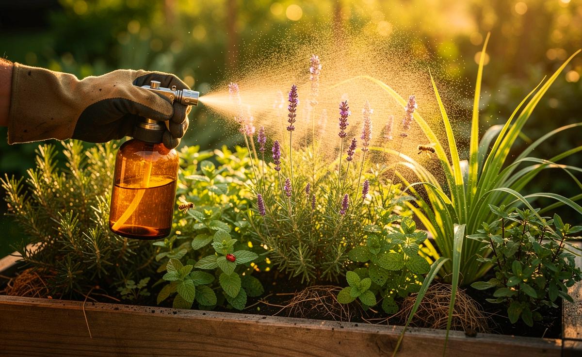 Illustration von einer Sprühflasche mit natürlicher Kräutermischung im Kräuterbeet als duftender Ersatz für chemische Sprays