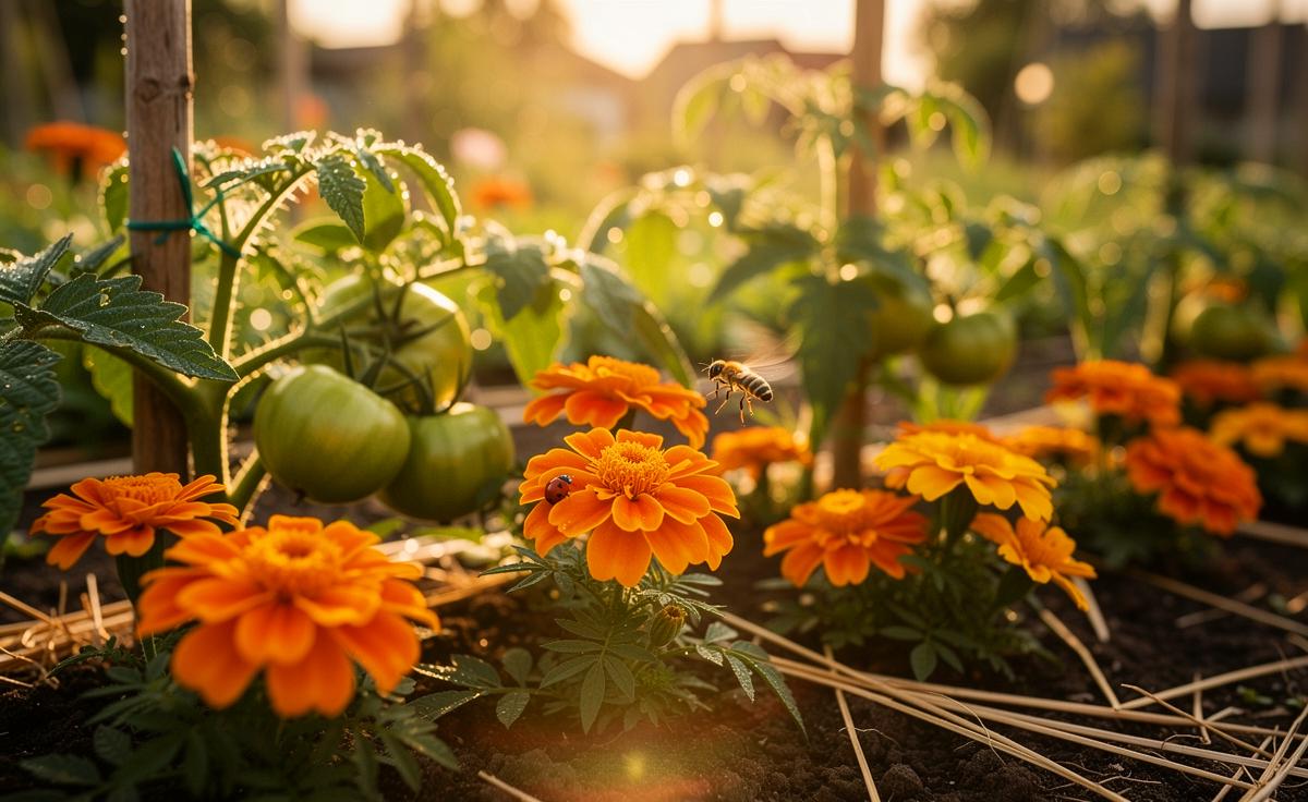 Illustration von Tagetes (Studentenblumen) im Gemüsegarten als natürlicher Schutz vor Schädlingen
