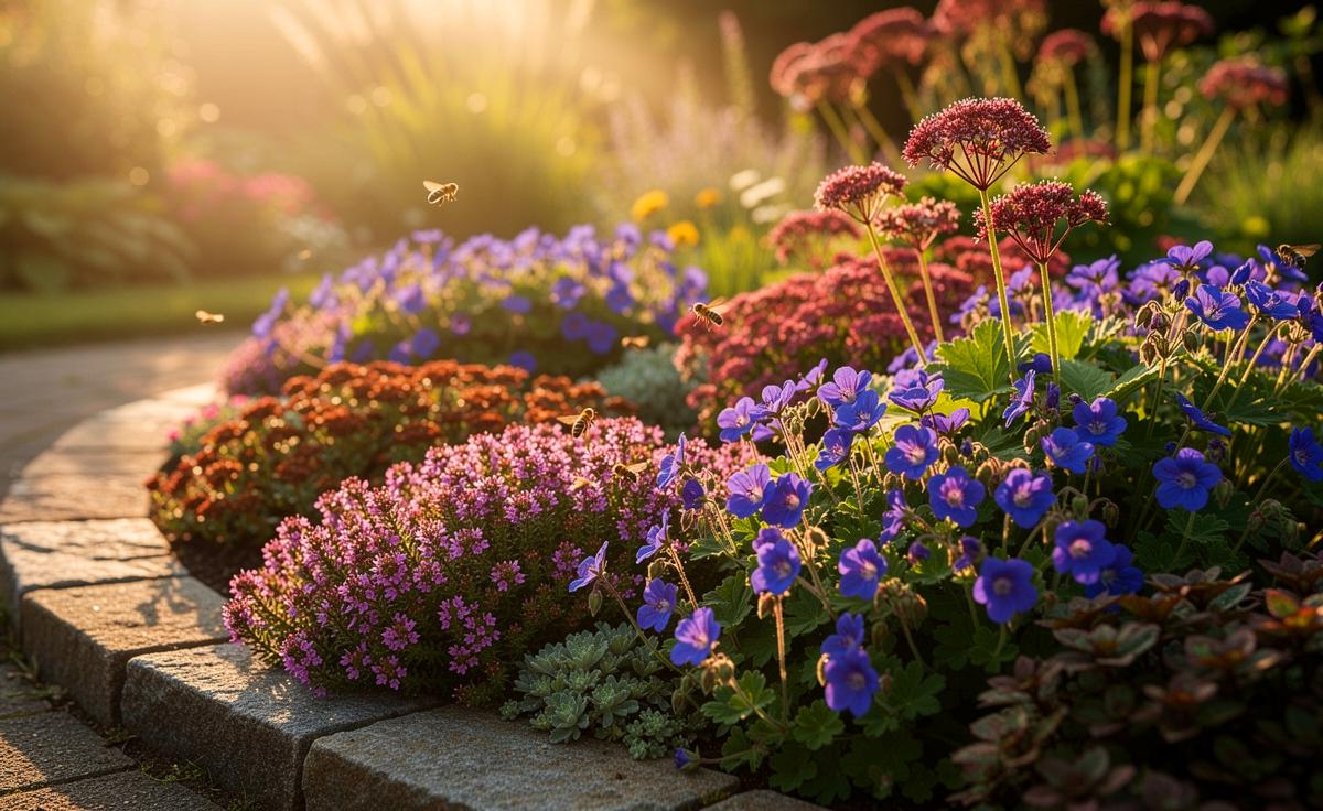 Illustration von einem dichten, sommerblühenden Teppich pflegeleichter Bodendecker wie Geranium ‘Rozanne’, Thymus serpyllum und Sedum spurium, der Unkraut zuverlässig unterdrückt