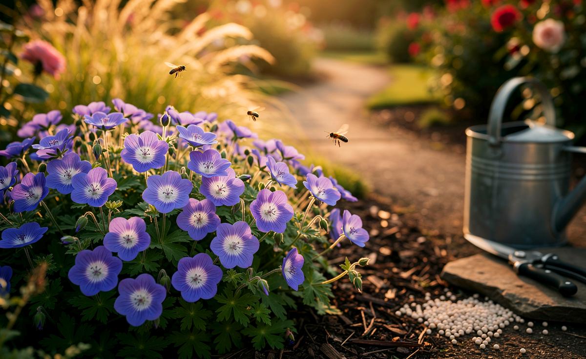 Illustration von einer pflegeleichten, sechs Monate blühenden Staude, Storchschnabel (Geranium ‚Rozanne‘), die nur zweimal jährlich gedüngt wird