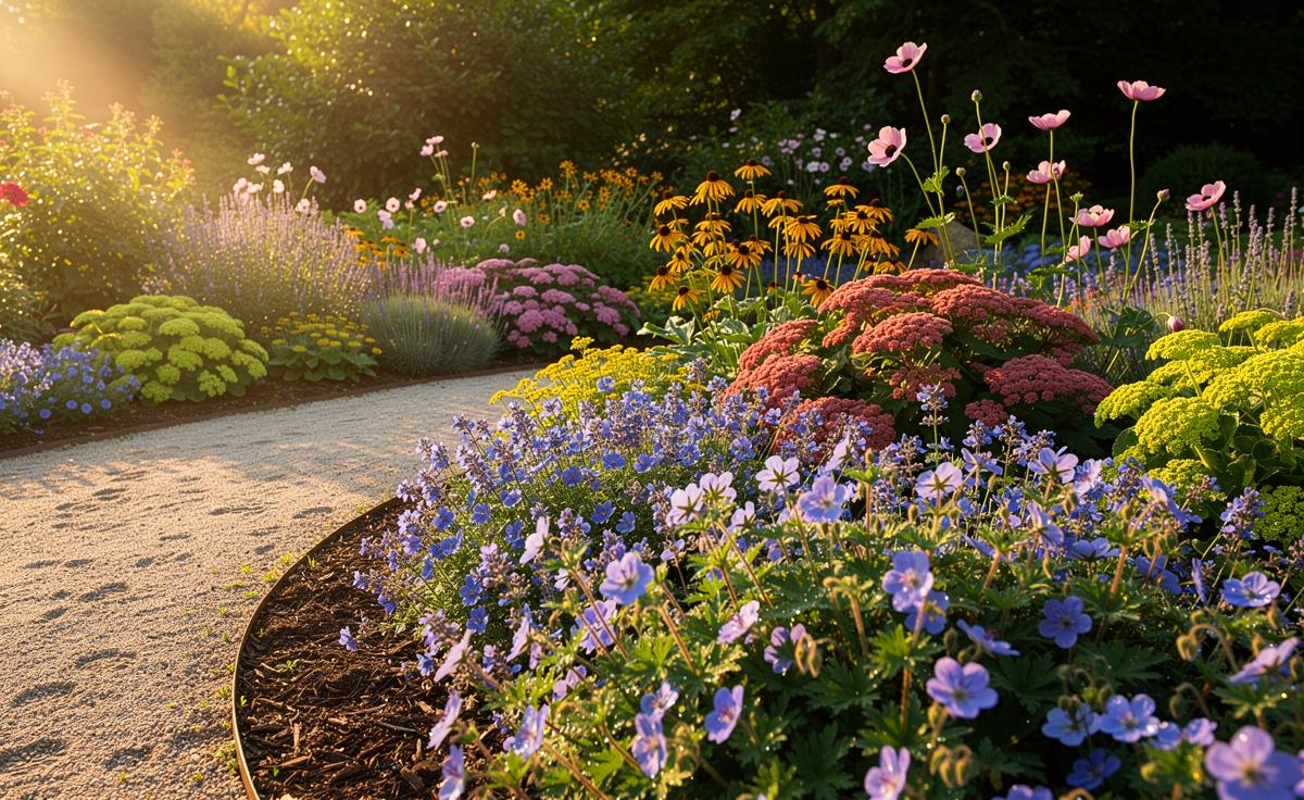 Illustration von einem flächendeckenden Storchschnabel (Geranium ‘Rozanne’) im Staudenbeet, der Unkraut natürlich unterdrückt und bis in den Herbst blüht