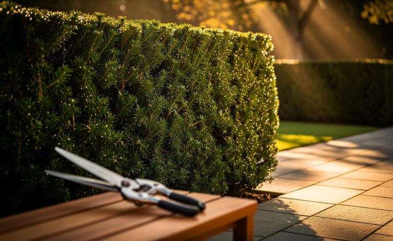 Illustration von einer dichten, immergrünen Eibenhecke (Taxus baccata) als ganzjähriger Sichtschutz mit geringem Schnittaufwand
