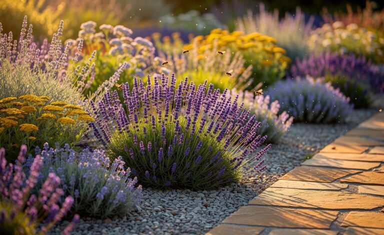 Illustration von einem sonnigen, wassersparenden Staudenbeet mit Lavendel (Lavandula angustifolia), Steppensalbei (Salvia nemorosa) und Katzenminze (Nepeta faassenii) auf mineralischem Mulch