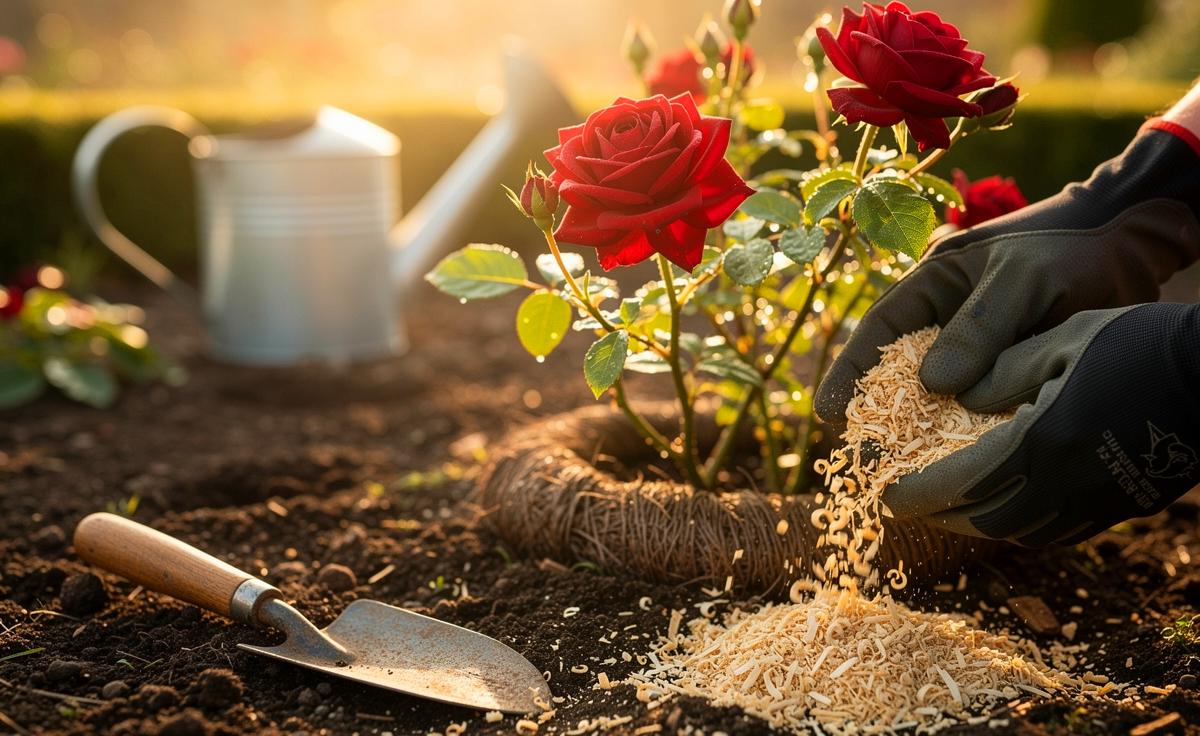 Illustration von einem Gärtner, der im Frühjahr Hornspäne bei Rosen einarbeitet