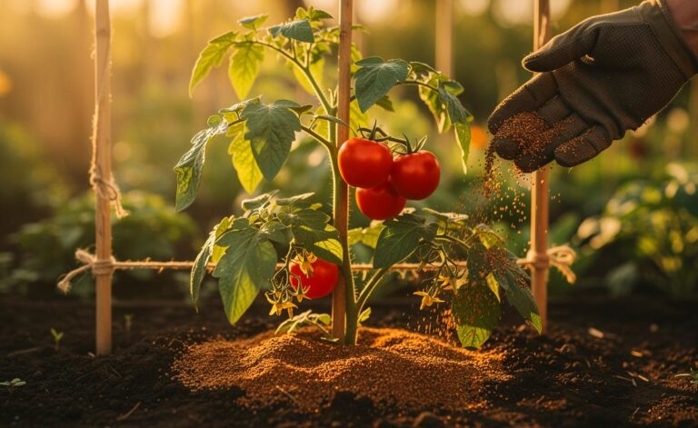 Illustration von Kaffeesatz als dünne Mulchschicht um Tomatenpflanzen im Beet für schnelleres Wachstum und höheren Fruchtansatz