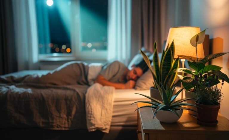 Illustration von einem Schlafzimmer mit Zimmerpflanzen, die Schlafqualität und nächtliche Regeneration verbessern