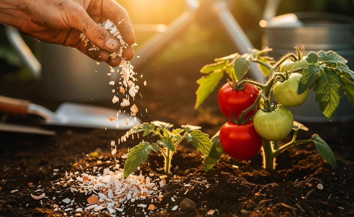 Illustration von zerkleinerten Eierschalen, die rund um eine Tomatenpflanze in den Gartenboden eingearbeitet werden, um Kalzium bereitzustellen und Blütenendfäule zu reduzieren