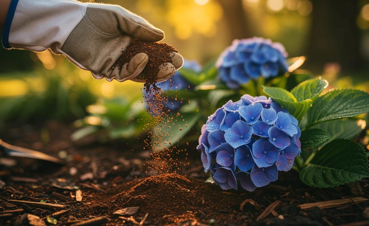 Illustration von der Anwendung von Kaffeesatz bei Hortensien zur Intensivierung der Blütenfarbe