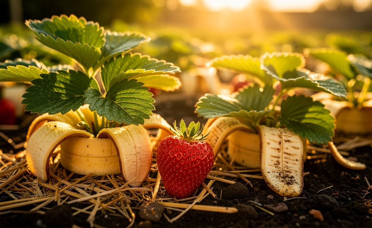 Illustration von Bananenschalen als organischem Dünger im Erdbeerbeet für süßere und größere Erdbeeren