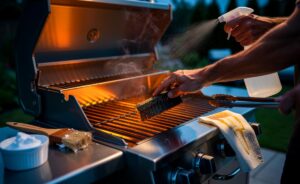 Illustration von einem Hobbykoch, der seinen Grill in drei Schritten reinigt: Vorbrennen und Bürsten, Natronpaste mit Essignachbehandlung, dünner Ölfilm zum Einbrennen