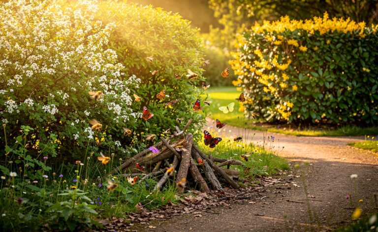Illustration von einer artenreichen, einheimischen Hecke mit Weißdorn, Schlehe und Liguster, in der Wildbienen und Schmetterlinge Nahrung und Schutz finden, im Kontrast zu einer exotischen Zierhecke mit geringem Insektennutzen