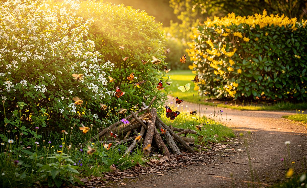 Illustration von einer artenreichen, einheimischen Hecke mit Weißdorn, Schlehe und Liguster, in der Wildbienen und Schmetterlinge Nahrung und Schutz finden, im Kontrast zu einer exotischen Zierhecke mit geringem Insektennutzen