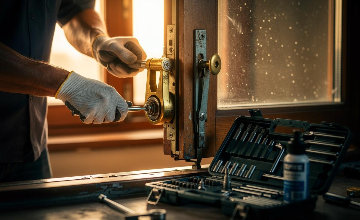 Illustration von einem Schlosser, der ältere Fensterbeschläge auf ihre Robustheit prüft