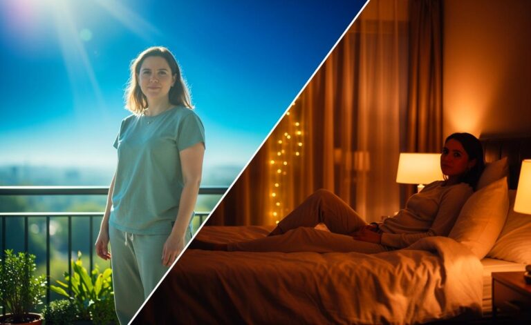 Illustration von gezieltem Lichtmanagement für besseren Schlaf – morgens natürliches Tageslicht, abends warm gedimmtes Zimmerlicht