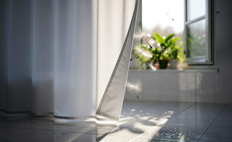 Illustration von einem glatt ausgebreiteten, schimmelfreien Duschvorhang in einer sauberen Dusche mit geöffnetem Fenster, das frischen Luftzug symbolisiert.