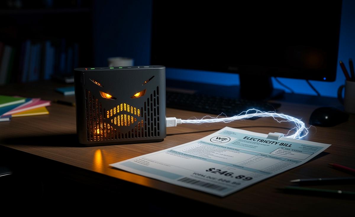Illustration von einem WLAN-Router, der als versteckter Vampir mit Steckerzähnen eine Stromrechnung umklammert, während im Hintergrund ein Haushalt mit weiteren elektronischen Geräten zu sehen ist.