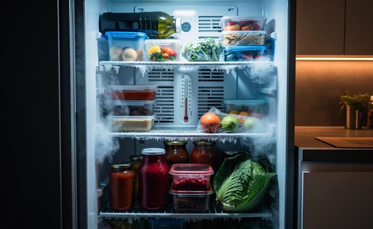 Illustration von einem überfüllten Kühlschrank mit blockierter Luftzirkulation und unzuverlässiger Kühlleistung