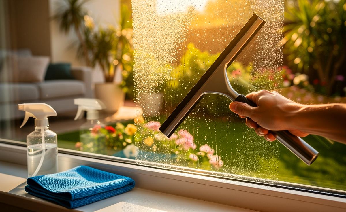 Illustration von streifenfrei geputzten Fenstern im Frühlingslicht mit Abzieher, Mikrofasertuch und Sprühflasche während des Frühlingsputzes