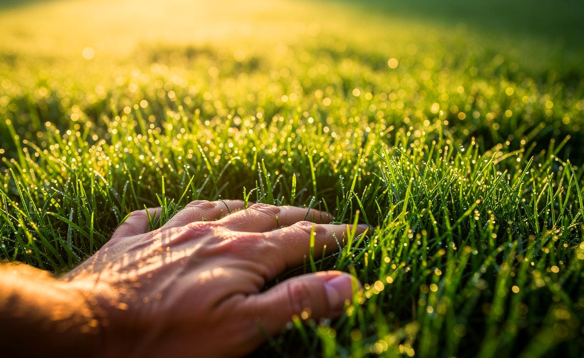 Illustration von einem dichten, sattgrünen Rasen, der nach einer erfolgreichen 14-Tage-Kur perfekt gepflegt und gleichmäßig gewachsen ist.