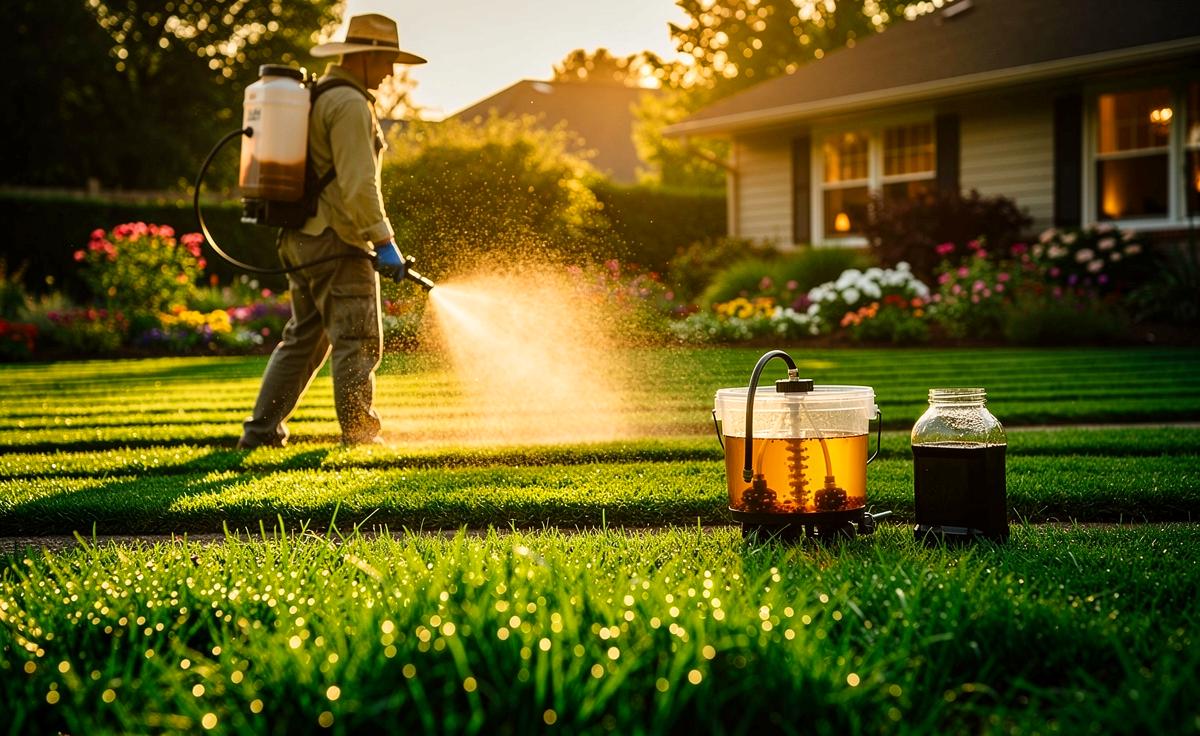 Illustration von einem Gärtner, der Komposttee mit Melasse über einen sattgrünen Rasen sprüht