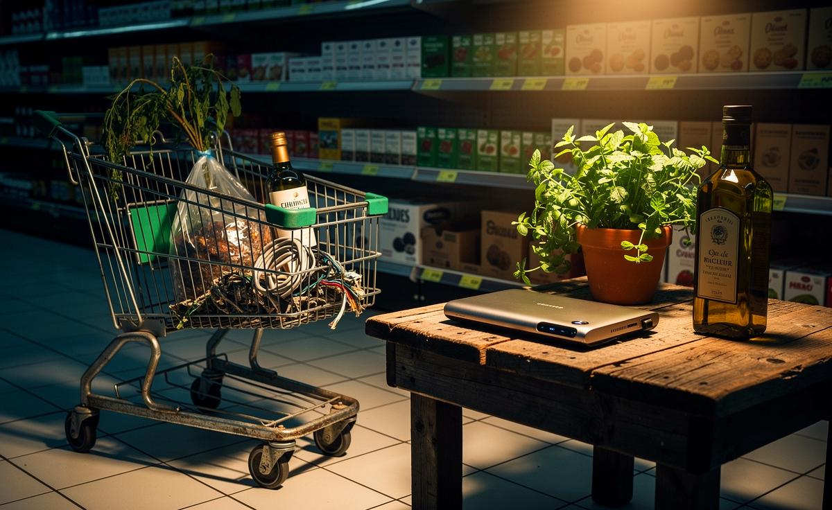 Illustration von einer Person, die nachdenklich zwischen einem Discounter-Einkaufswagen und hochwertigen Alternativen wie frischen Kräutern, langlebiger Elektronik und echten Delikatessen abwägt.