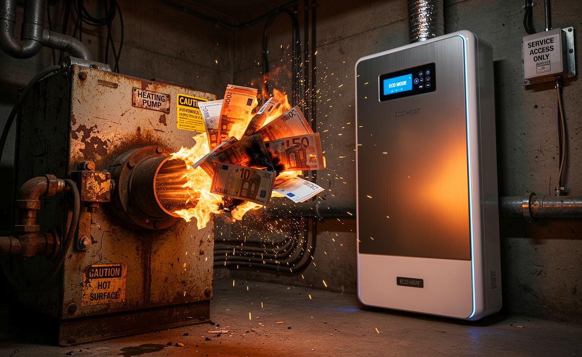 Illustration von einer alten, brummenden Heizungspumpe neben einer modernen, kompakten Hocheffizienzpumpe, über denen Euro-Scheine in Flammen aufgehen.