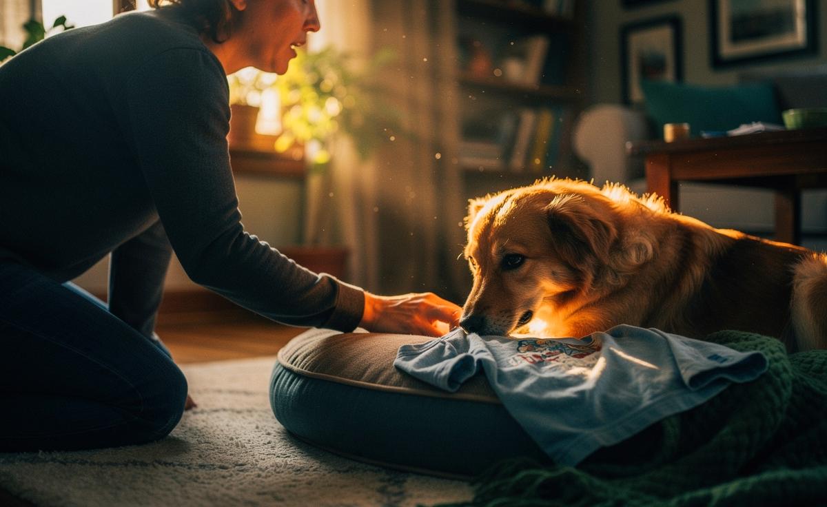 Illustration von einem Hund, der auf die vertraute Stimme und den Duft seines Menschen reagiert