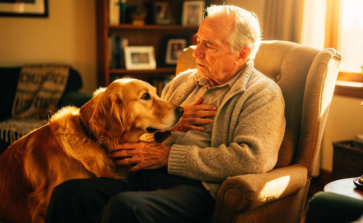 Illustration von einem Golden Retriever, der besorgt seinen Kopf auf das Knie seines sitzenden Herrchens legt, während dieser eine Hand auf seine Brust presst.