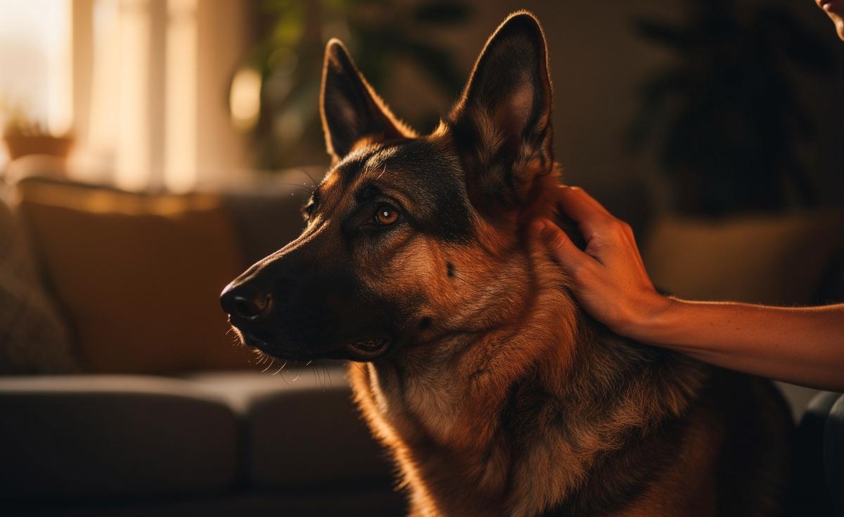Illustration von einem Hundebesitzer, der die Körpersprache seines sitzenden Hundes beobachtet, während dieser mit leicht angelegten Ohren und einem halb wedelnden Schwanz kommuniziert.