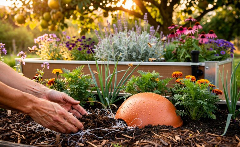 Illustration von einem blühenden Garten mit Kompost und Mulch, Olla-Bewässerung sowie klug kombinierten Pflanzpartnern für Staffelblüte