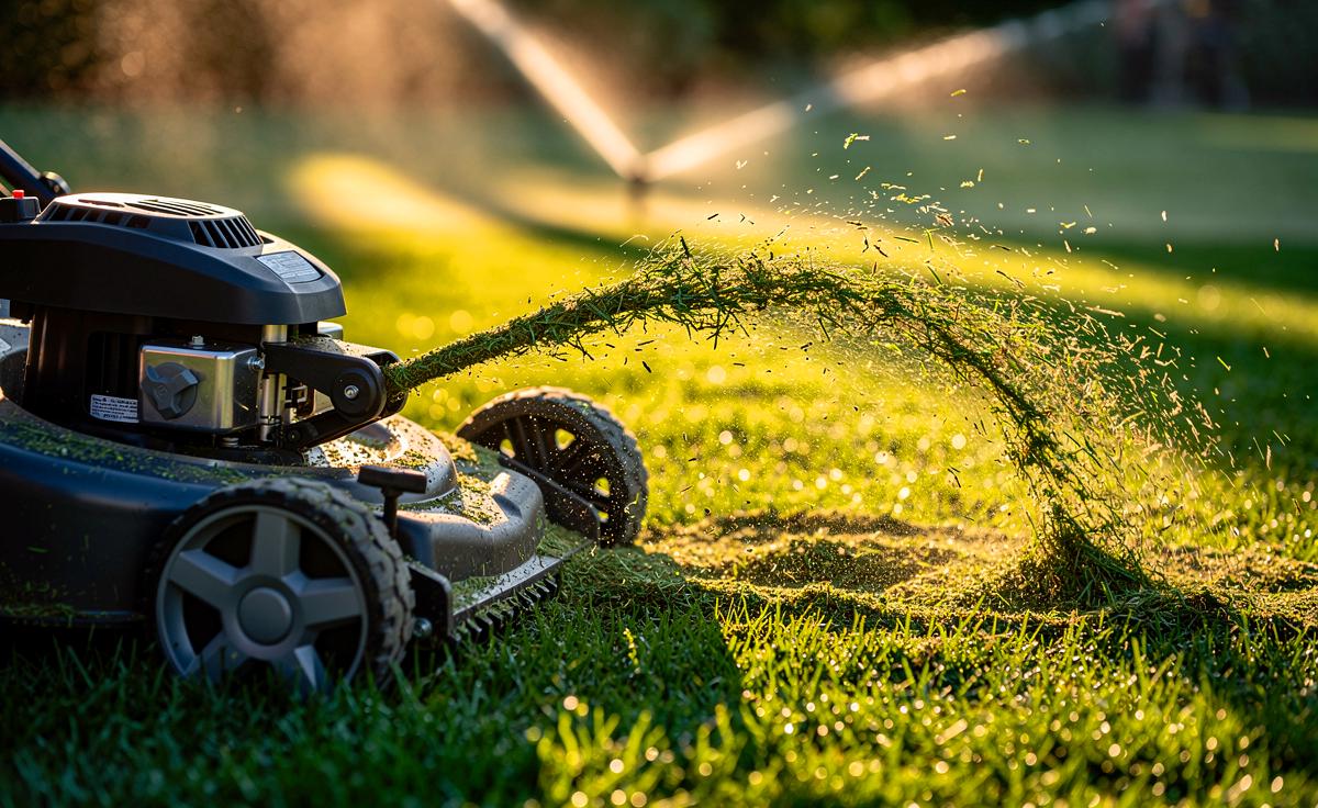 Illustration von Mulchmähen auf einem sattgrünen Rasen mit höher eingestelltem Rasenmäher und feinem Schnittgut als Mulch